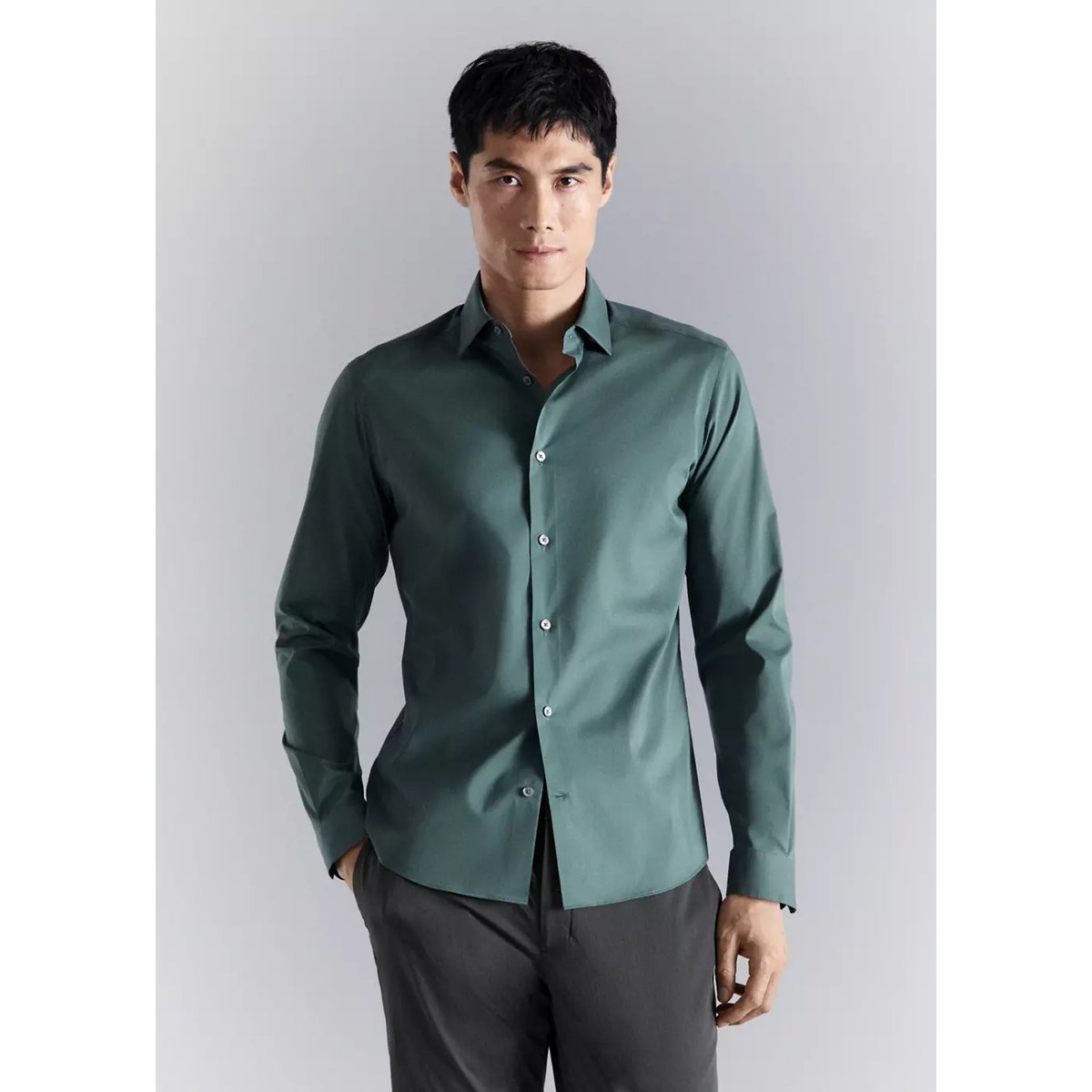 Chemise coton comfort stretch non-iron vert moyen, MANGO MAN