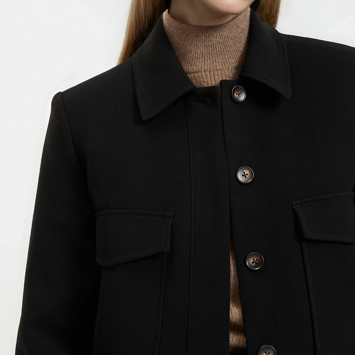 Cropped Oversize Buttoned Jacket black, LA REDOUTE COLLECTIONS
