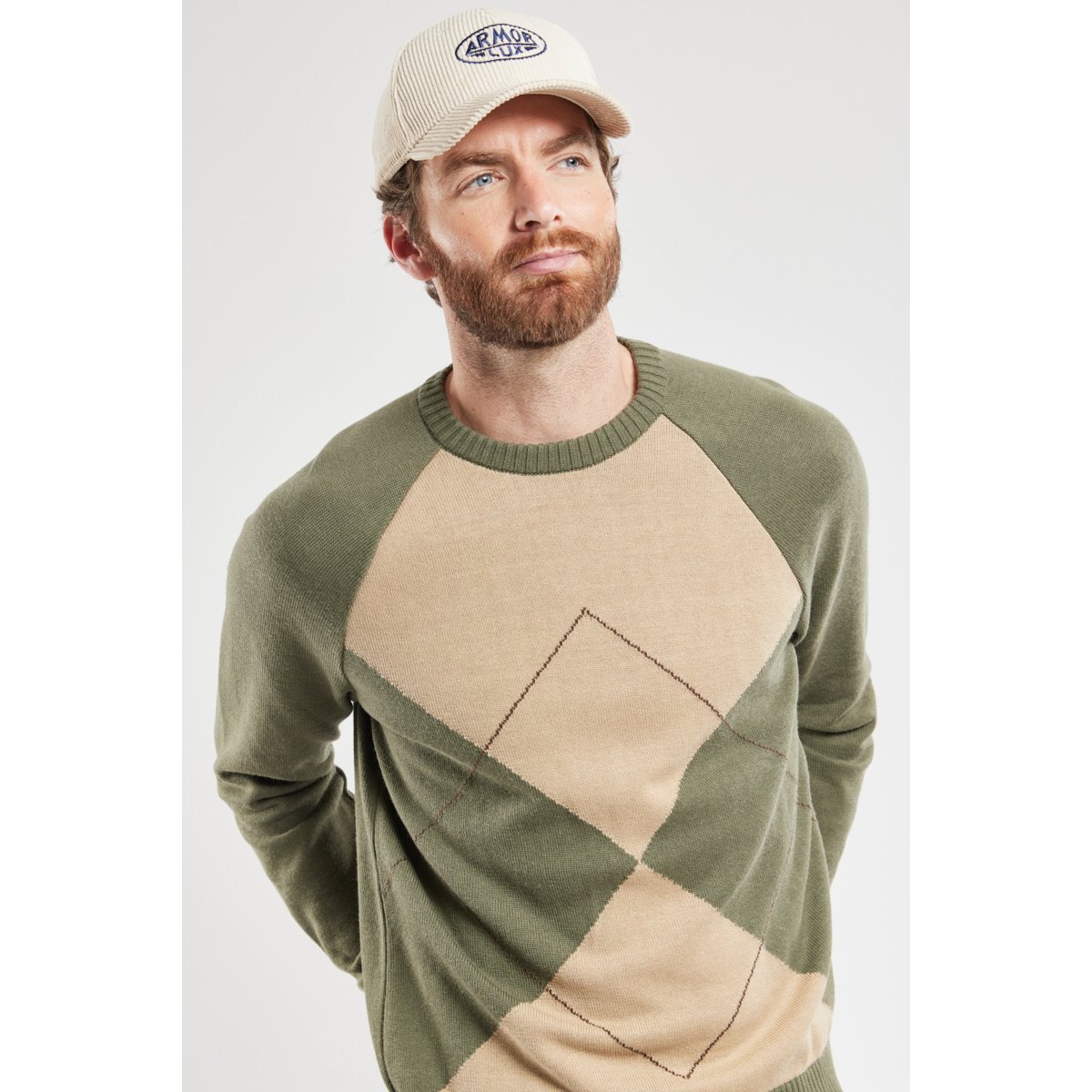 Pull jacquard en coton et laine oliva/beige h23/acajou, GUY DE BERAC
