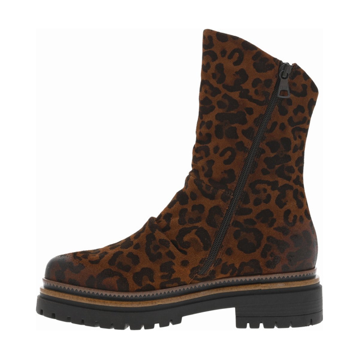 Bottes en cuir léopard avec semelle à talon plat et fermeture zippée léopard, MJUS