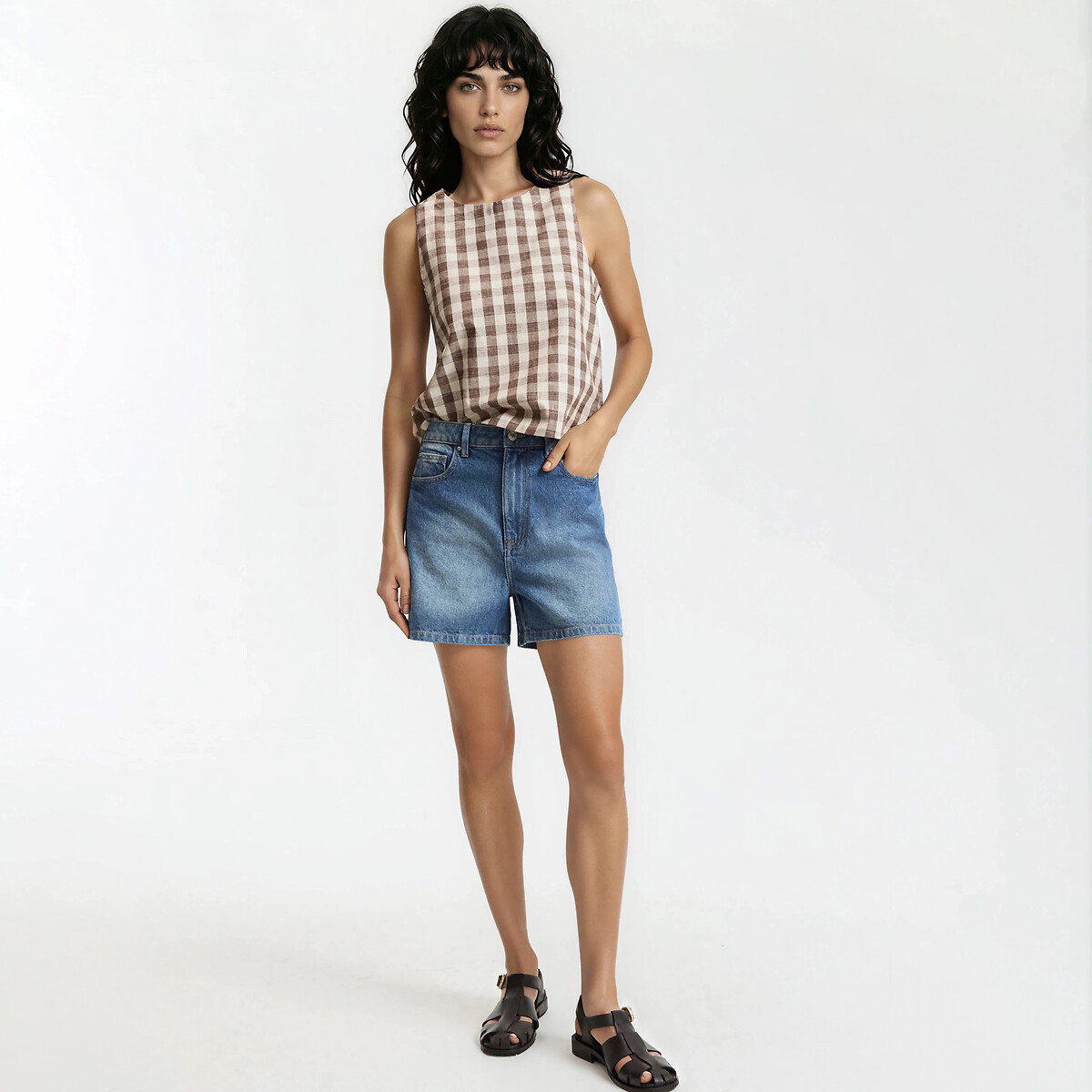 Top sans manches imprimé vichy en coton et lin vichy marron, LA REDOUTE COLLECTIONS
