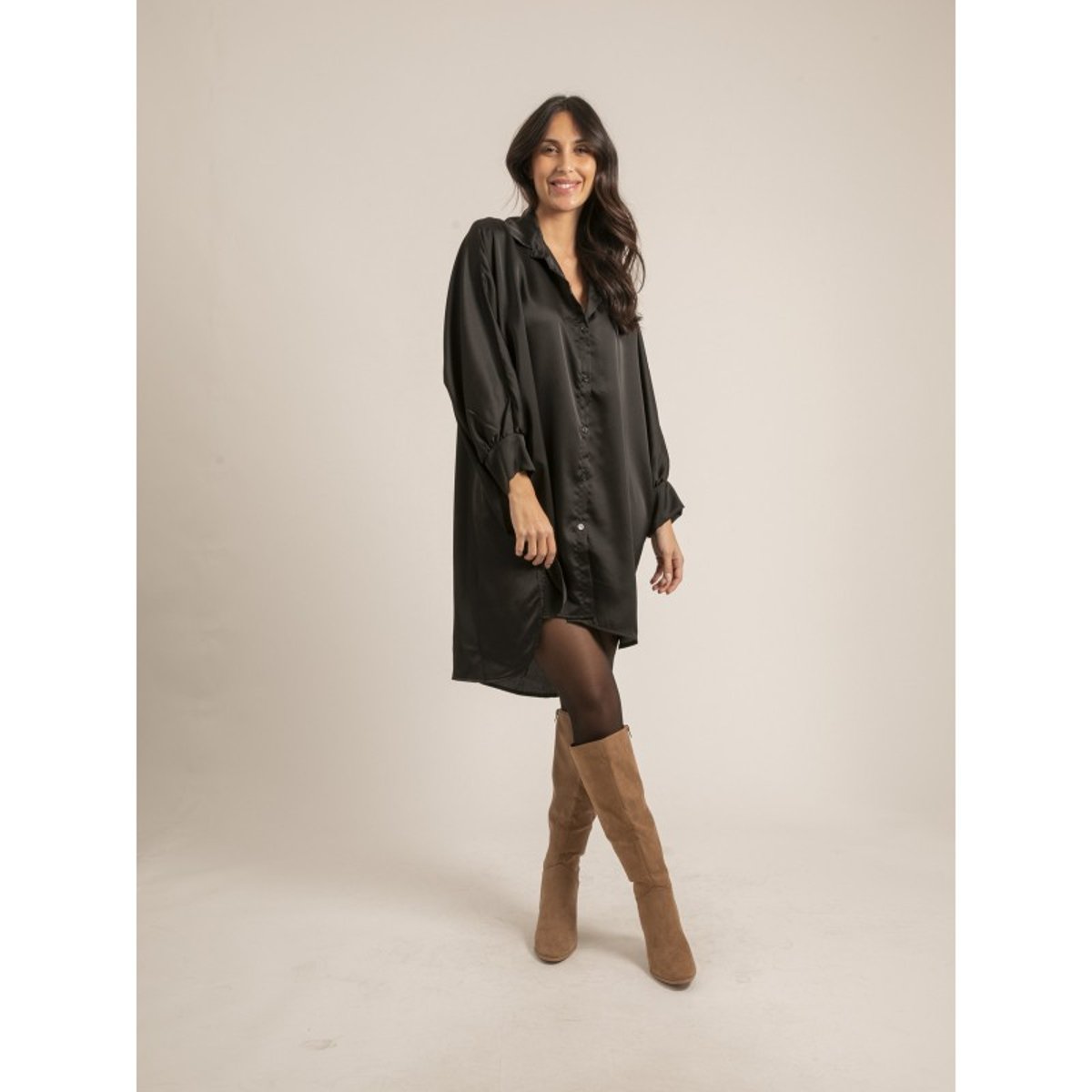 Robe Chemise Satin Ophelie noir, DONA LISA