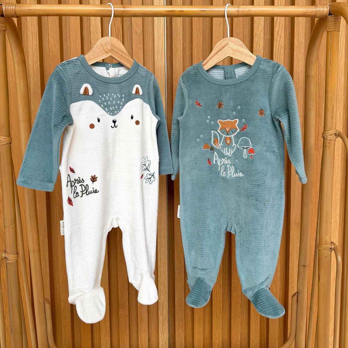 Lot de 2 pyjamas bébé en velours Ginkgo vert, PETIT BEGUIN