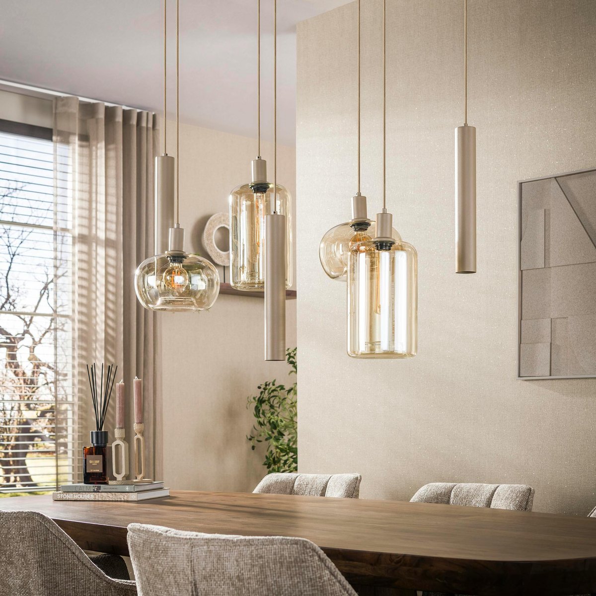 Suspension de table verre et métal beige 7 lampes NIAGARA beige, PIER IMPORT