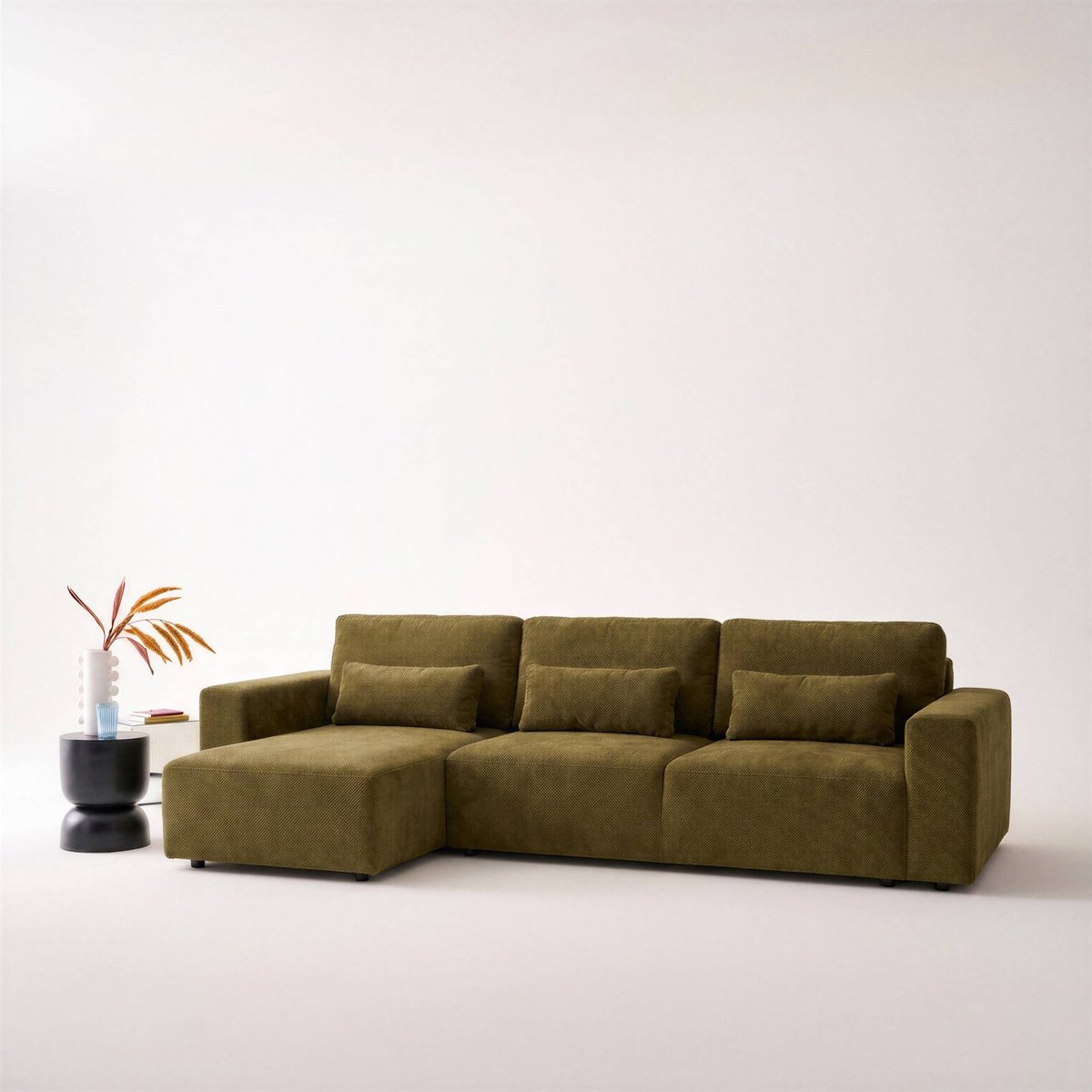 Canapé d'angle convertible réversible 3 places tissu chenille avec coffre THEO beige, SWEEEK