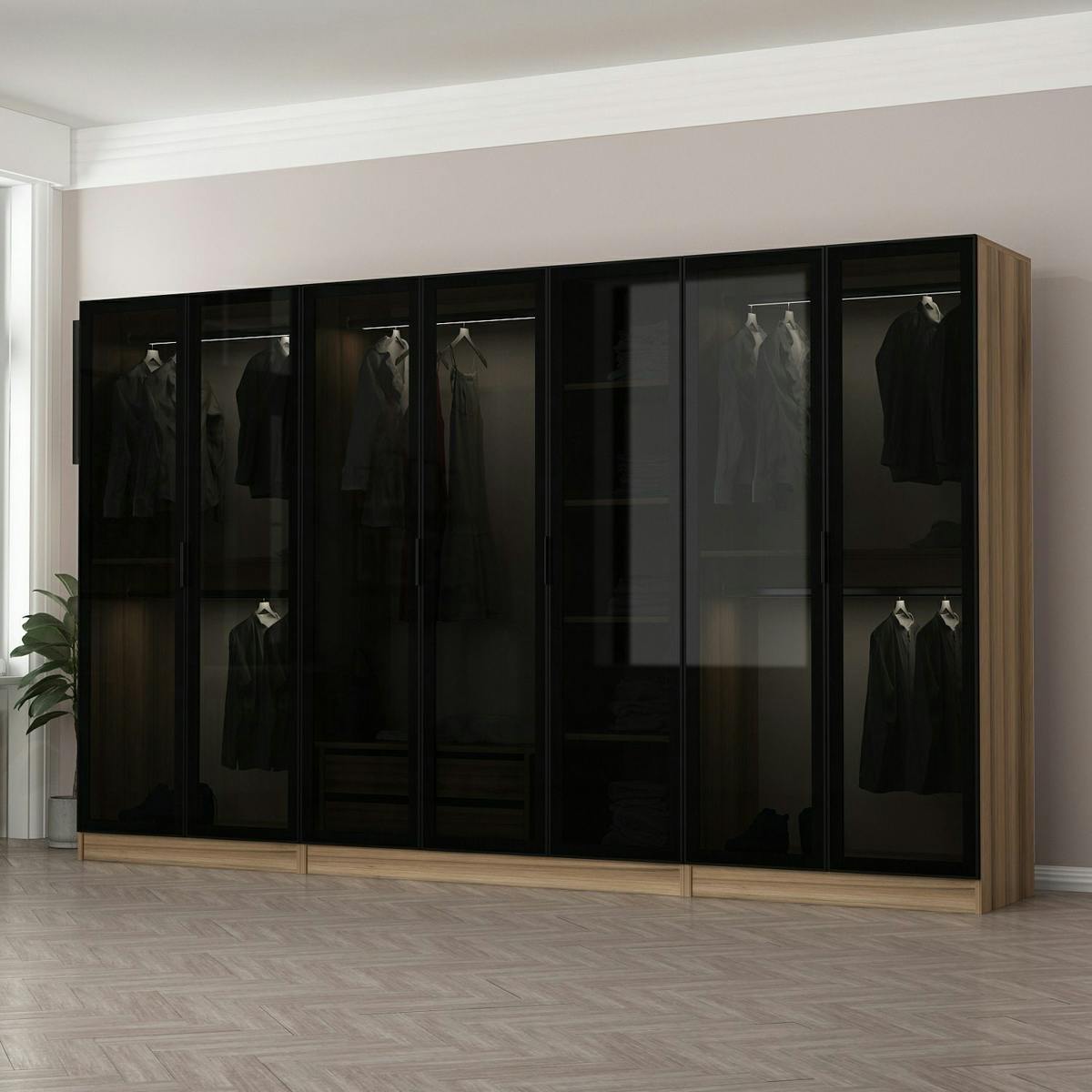 Dressing design 7 portes verre noir & cadre effet noyer BYRON bois naturel, PIER IMPORT