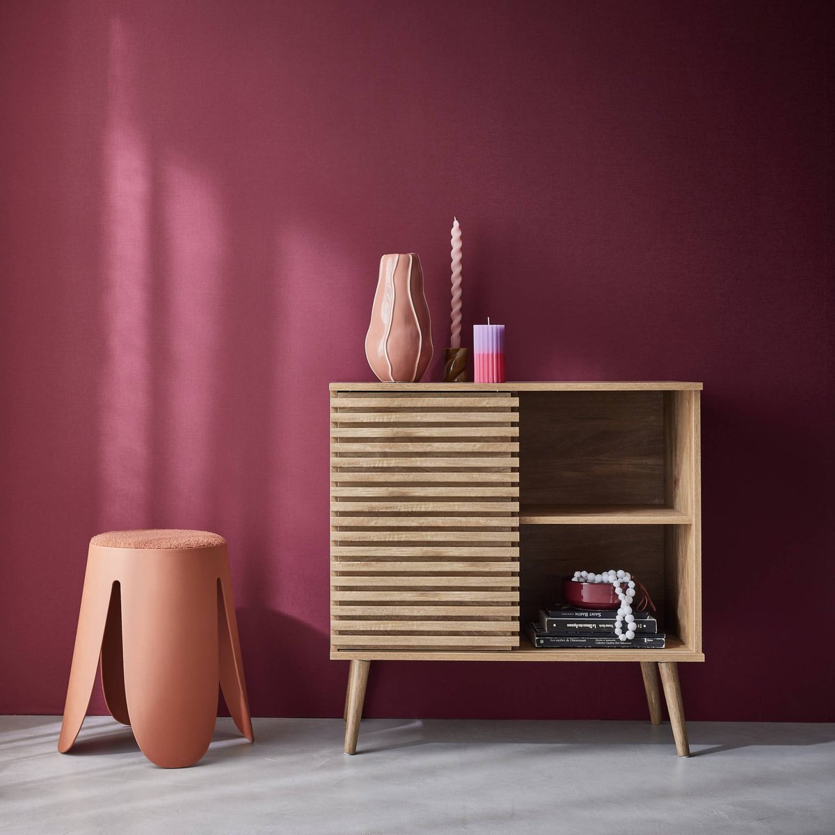 Buffet scandinave décor bois rainuré 1 porte coulissante 80cm MADERE naturel, SWEEEK