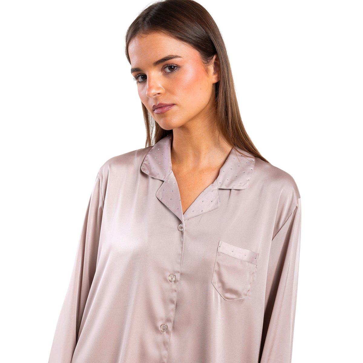 Pyjama pantalon chemise manches longues Crystal Satin taupe, ADMAS
