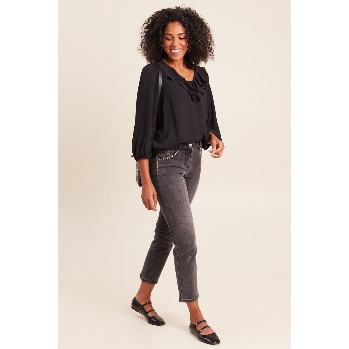 Jean droit 7/8ème taille basculée denim gris, BREAL