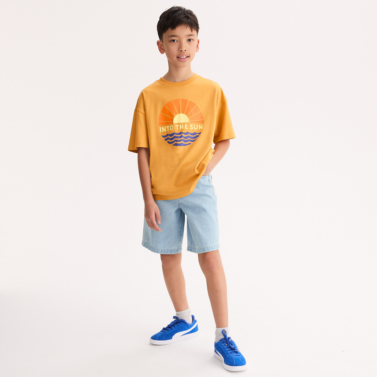 T-shirt col rond, oversize, à manches courtes, imprimé soleil orange, LA REDOUTE COLLECTIONS