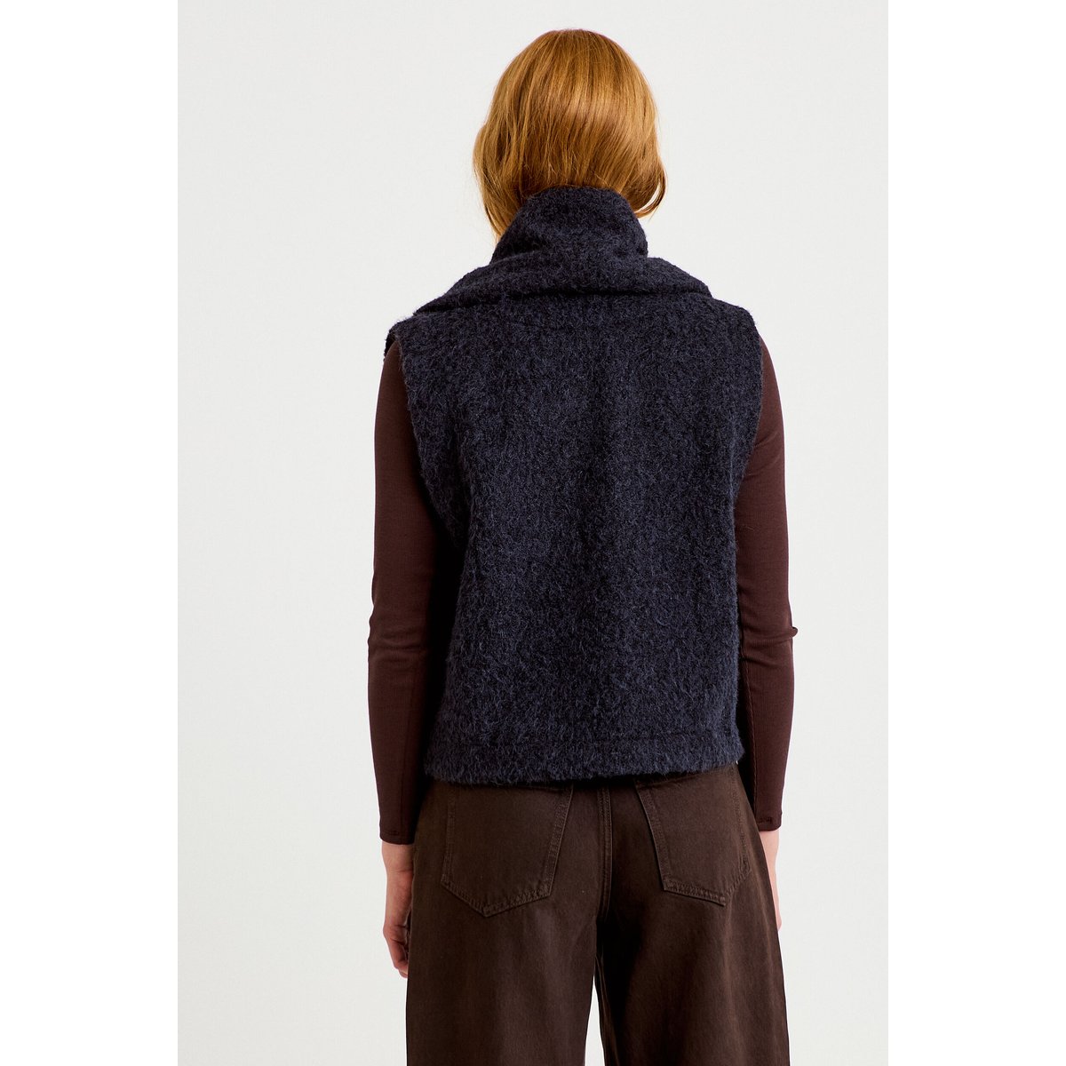 Veste droite sans manches col américain bleu marine, CACHE CACHE