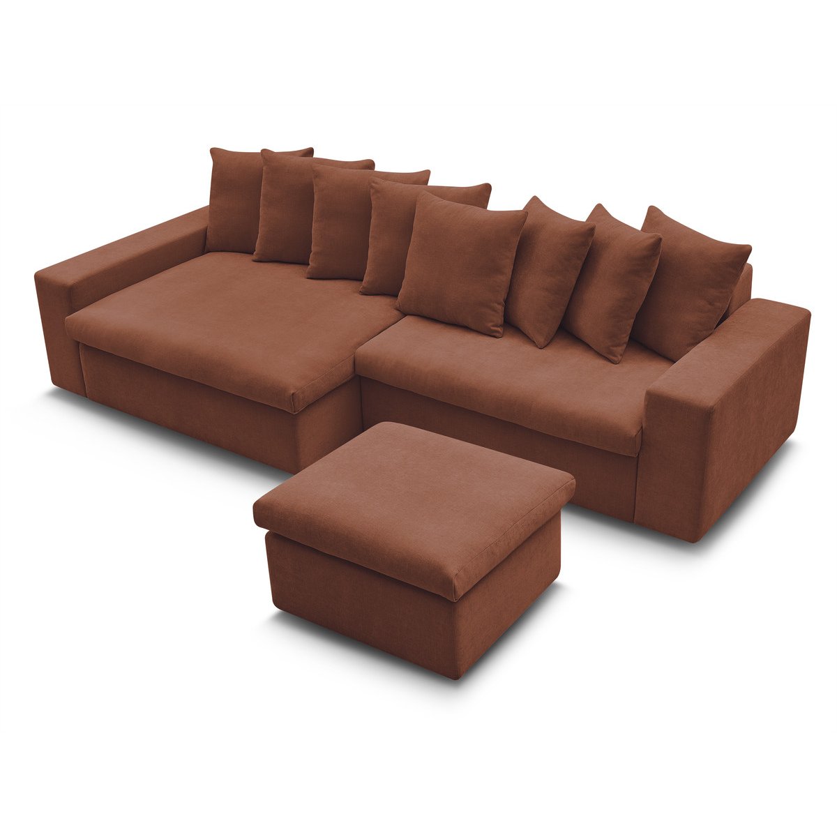 Canapé d'angle fixe 3 places en tissu lisse avec pouf, ENORE rouge, BOBOCHIC