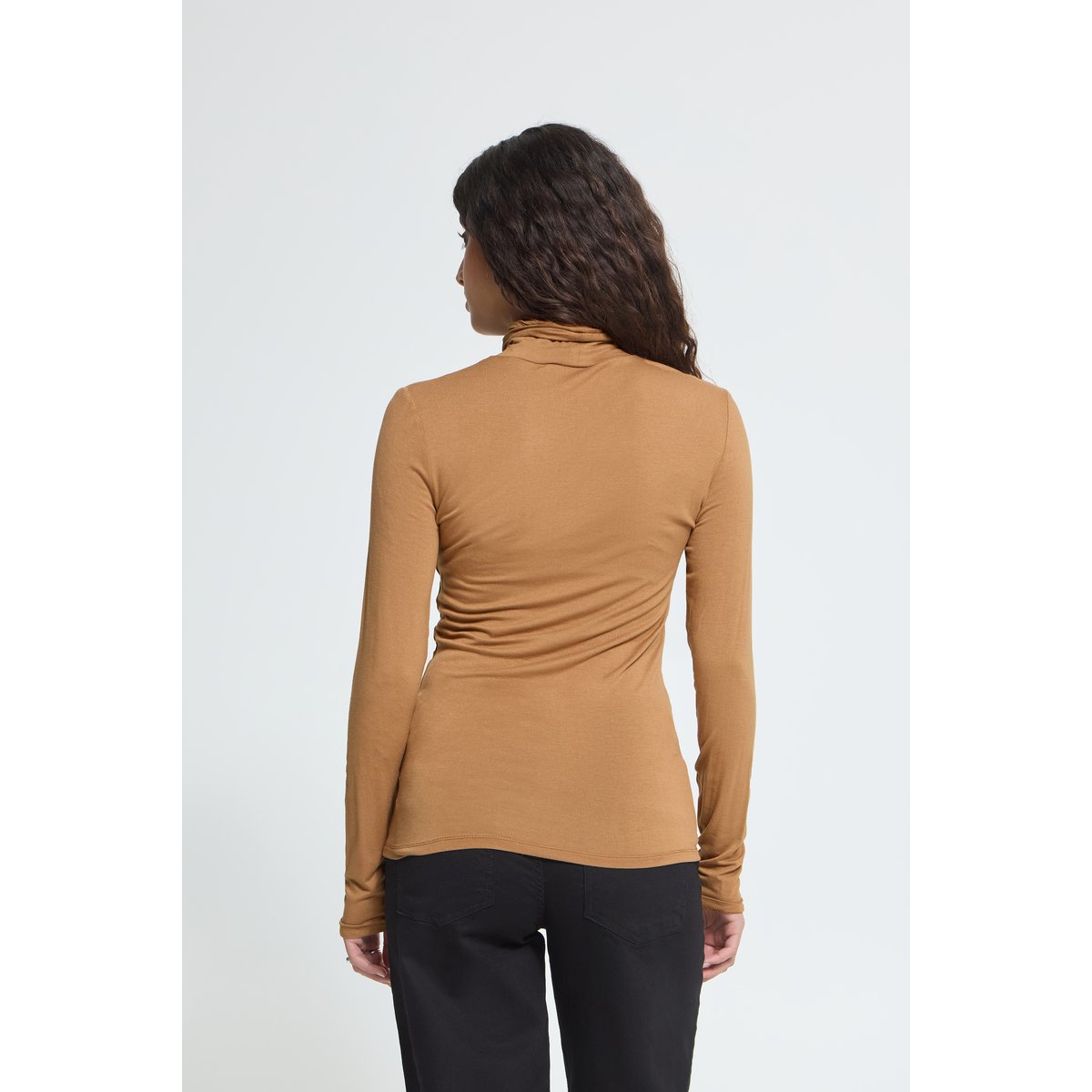 T-shirt à manches longues, col roulé, coupe slim marron toasted coconut, ICHI