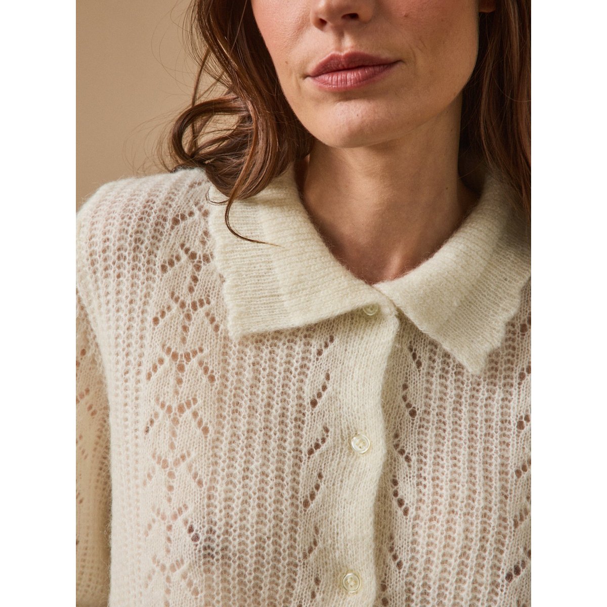 Gilet col polo avec laine et mohair ecru, CYRILLUS