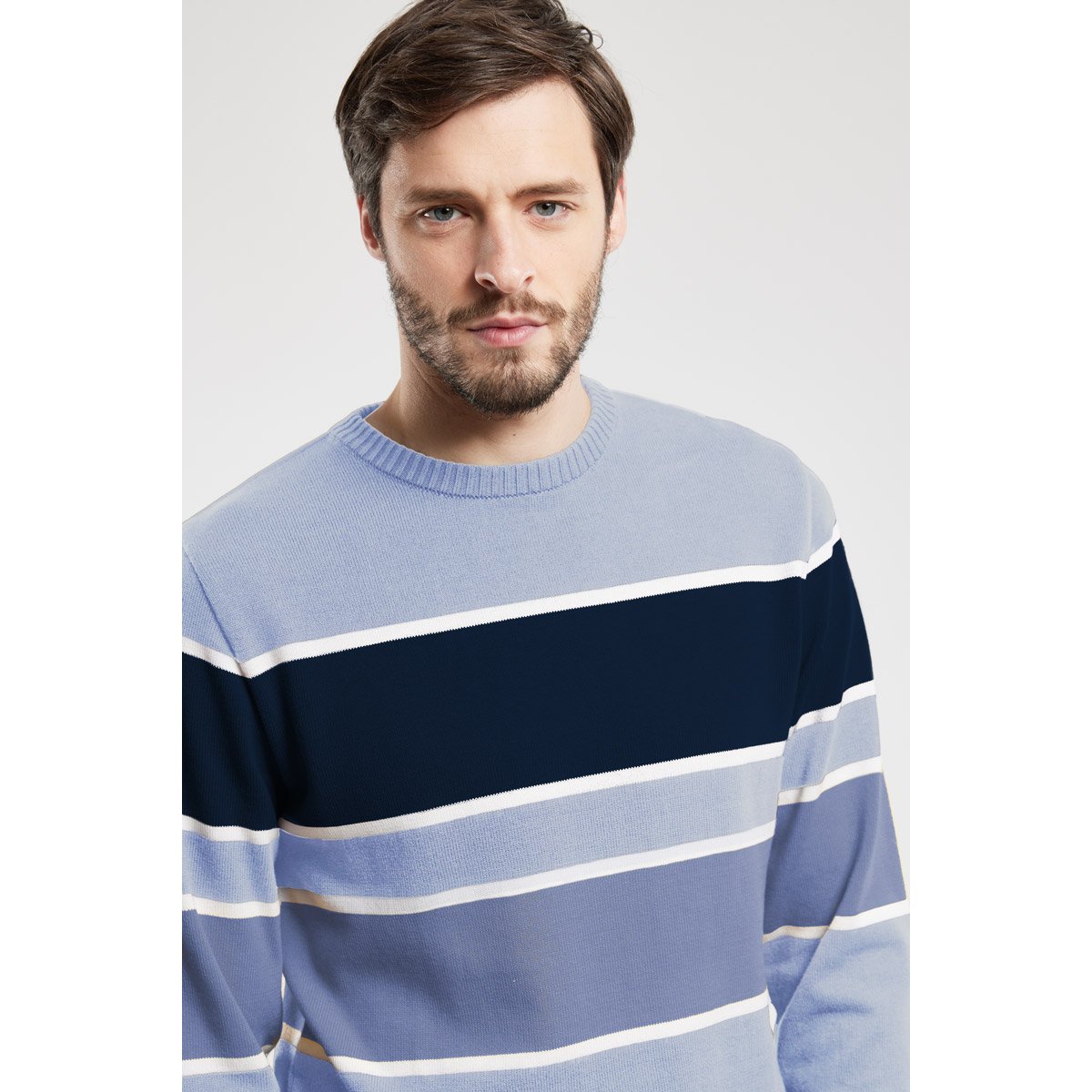 Pull larges rayures en coton eventide/marine deep/heron, GUY DE BERAC