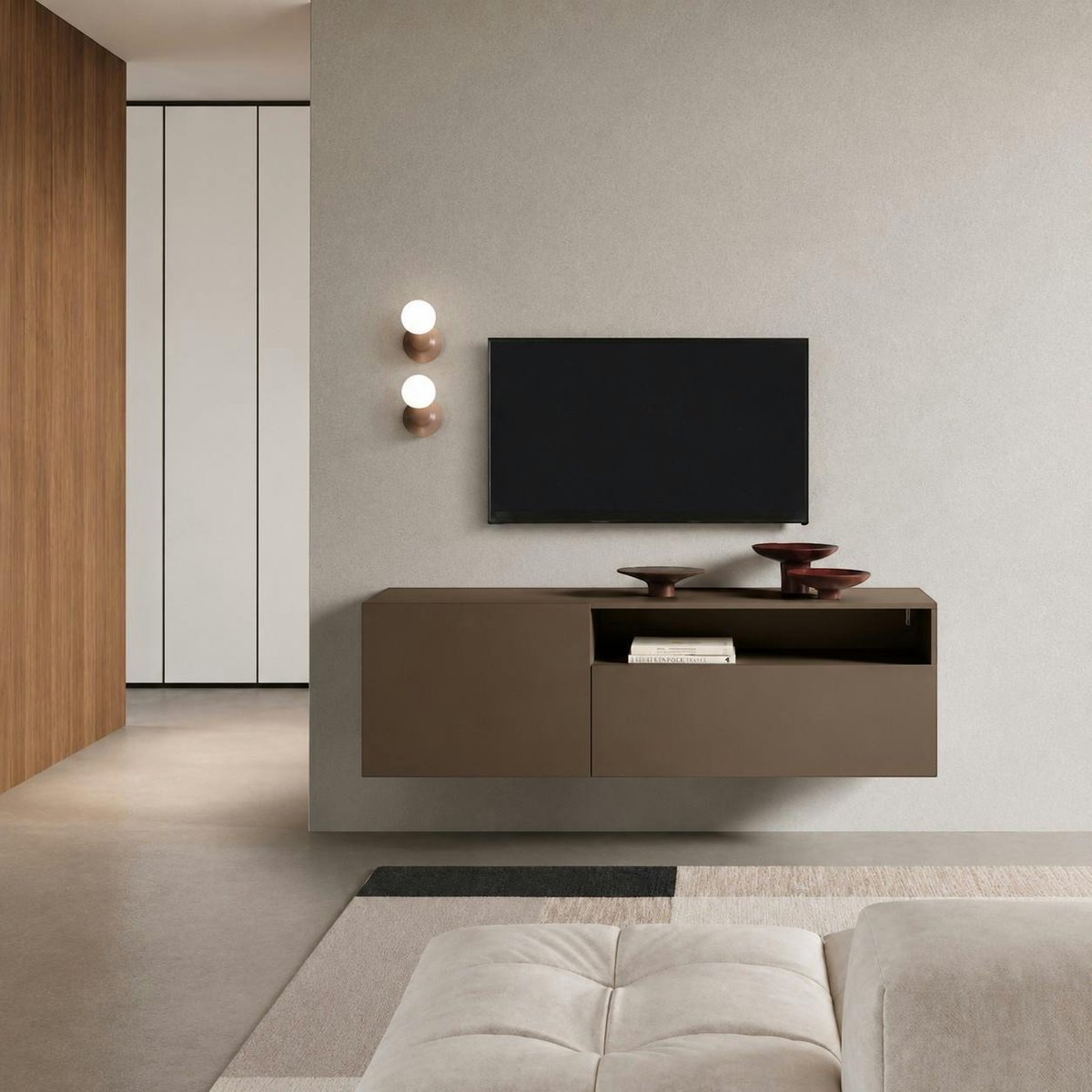 Meuble TV moderne, à poser ou mural LORA marron, PIER IMPORT