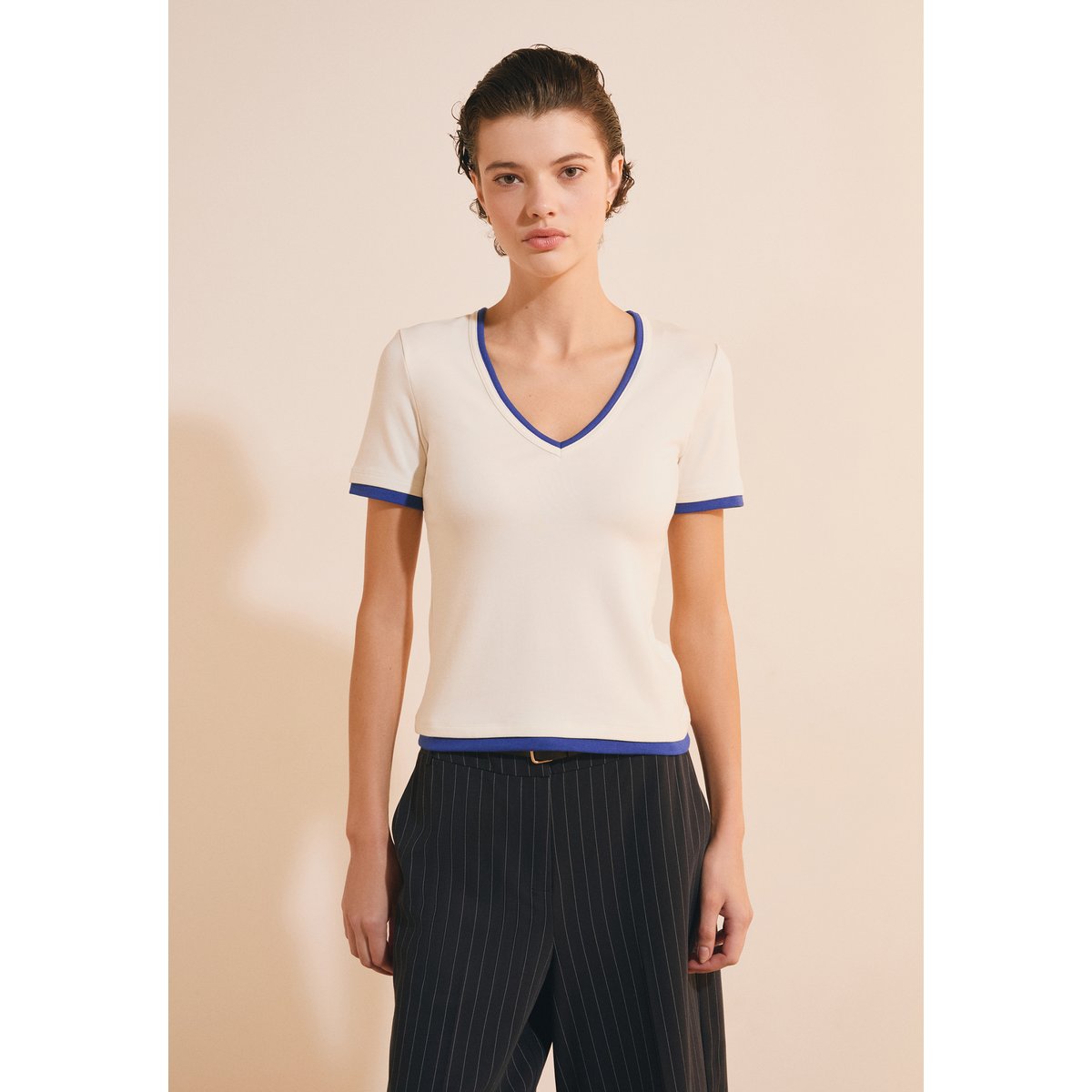 T-shirt à manches courtes col V en coton ADULA ecru, ETAM