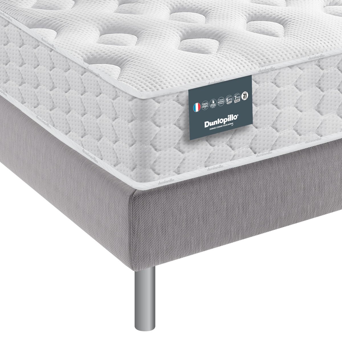 Matelas mousse mémoire, sommier pieds NARCISSE blanc, DUNLOPILLO