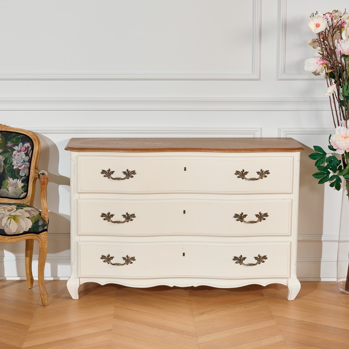 Commode style shabby chic, plateau chêne, 3 tiroirs SERRENA blanc, ROBIN DES BOIS