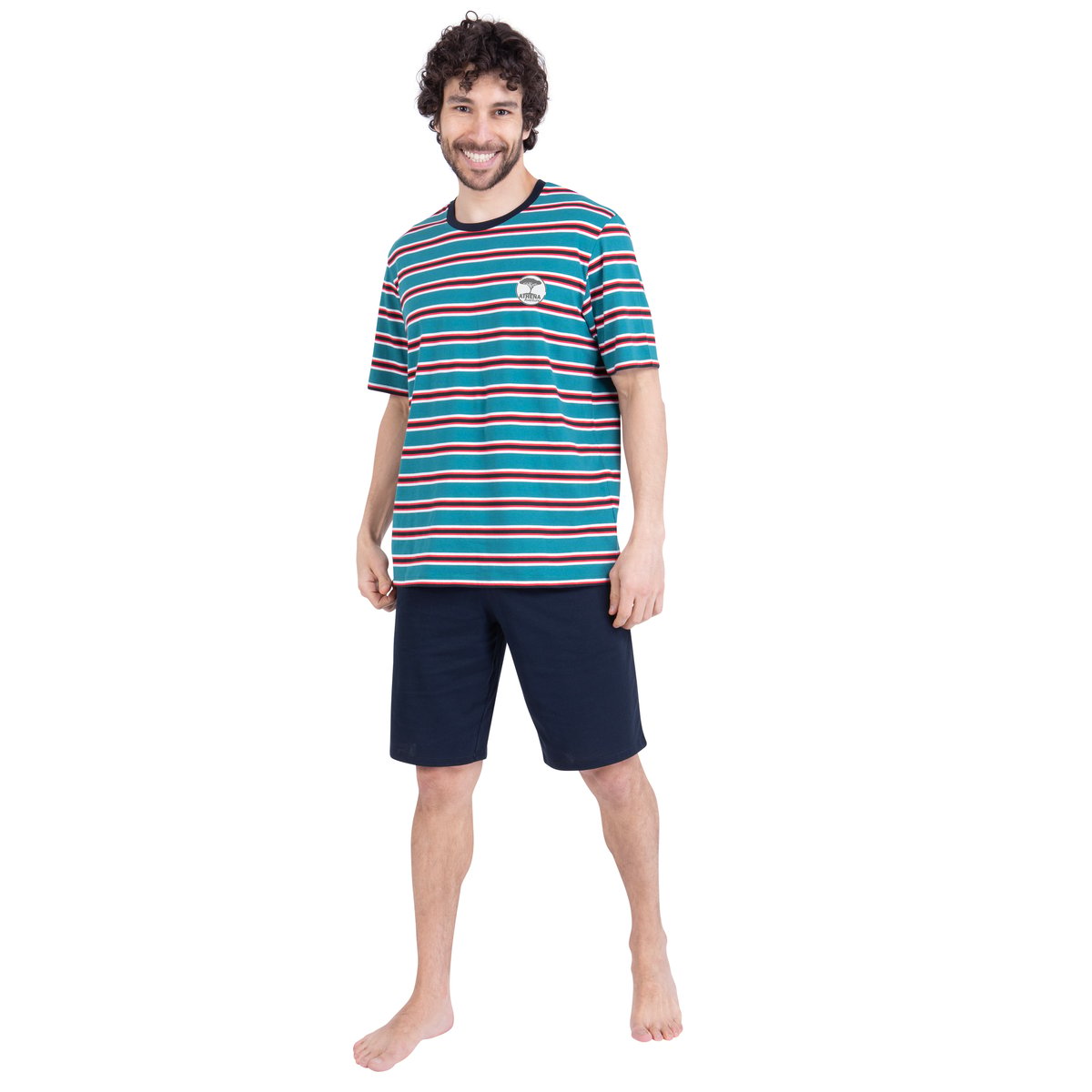 Pyjama court RAYURES AVENTURE vert-marine, ATHENA