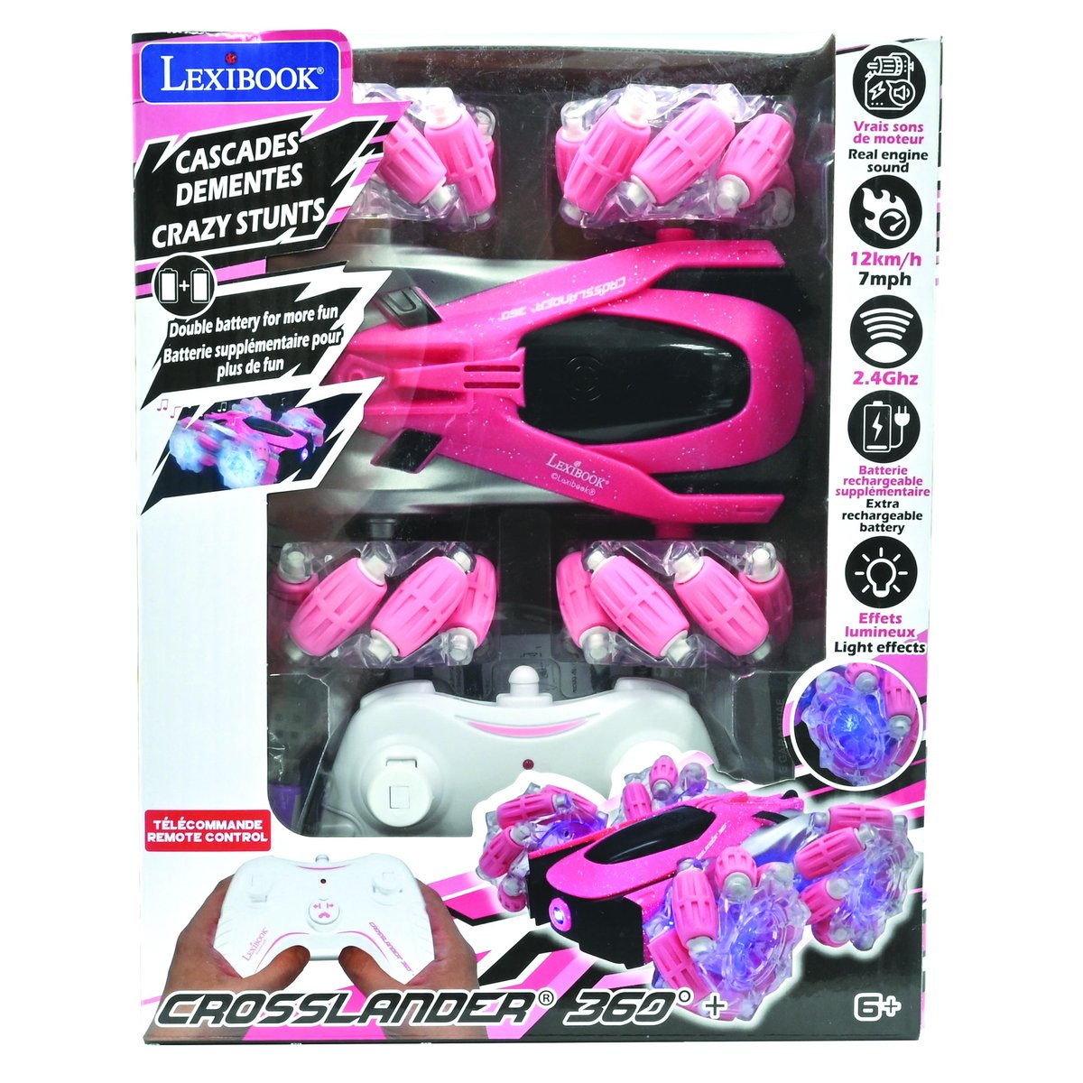 Crosslander® 360+ - Voiture rose télécommandée Tout-Terrain lumineuse rose, LEXIBOOK