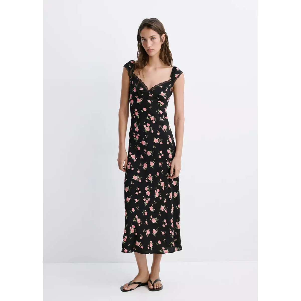 Robe à fleurs détail dentelle noir, MANGO