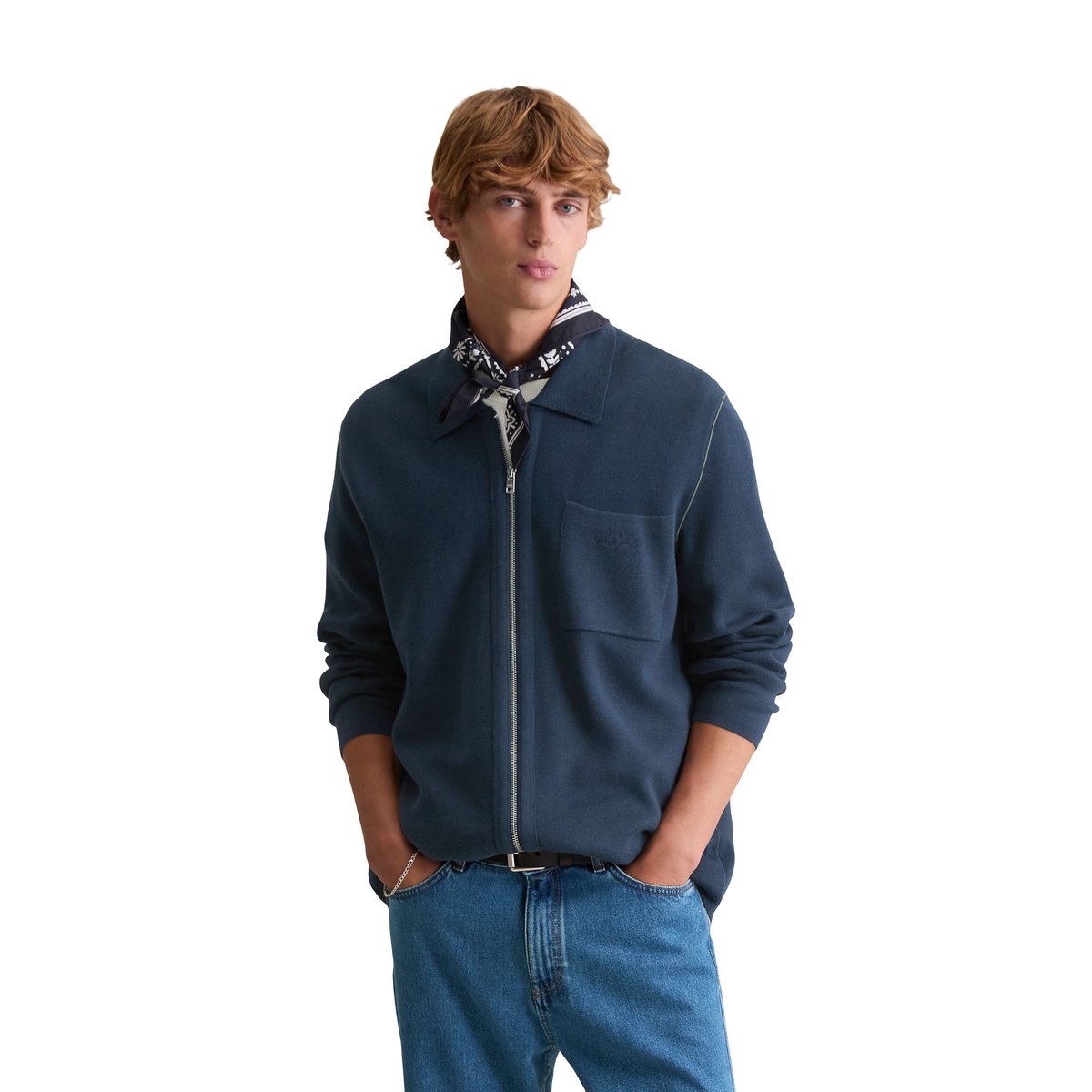 Veste en tricot loose avec fermeture éclair et col polo bleu foncé, MARC O’POLO DENIM