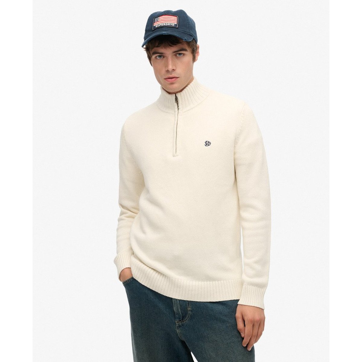 Pull en maille à demi-zip en coton crème, SUPERDRY