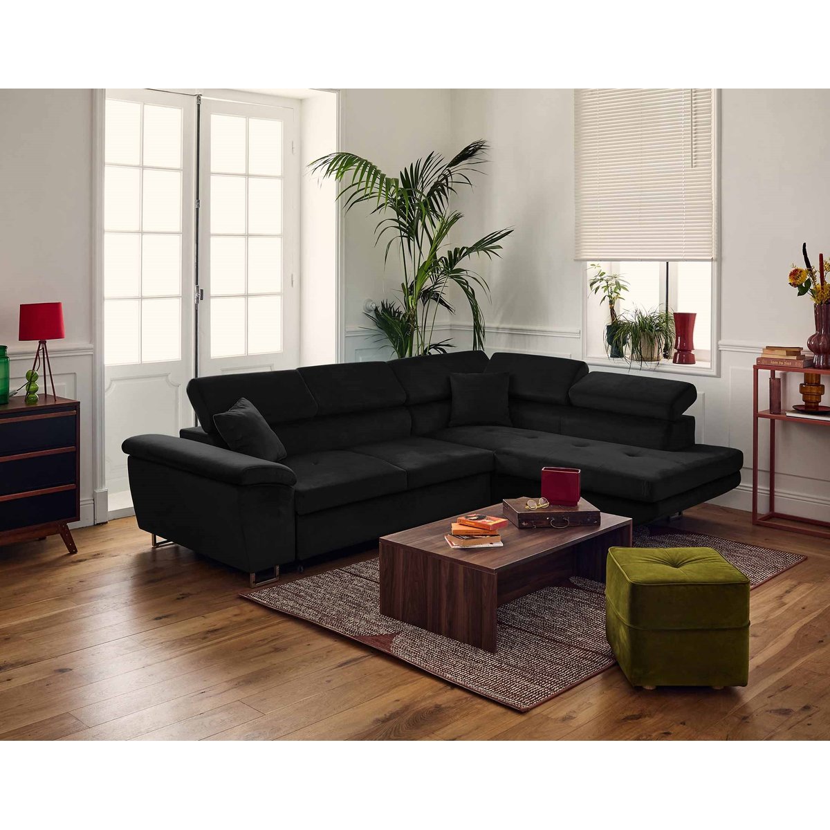 Canapé d'angle droit convertible 5 places, DIMAS noir, BEST MOBILIER