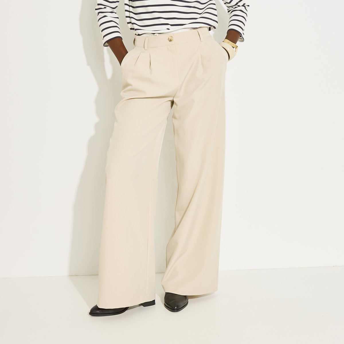 Pantalon large à pinces beige, GRAIN DE MALICE