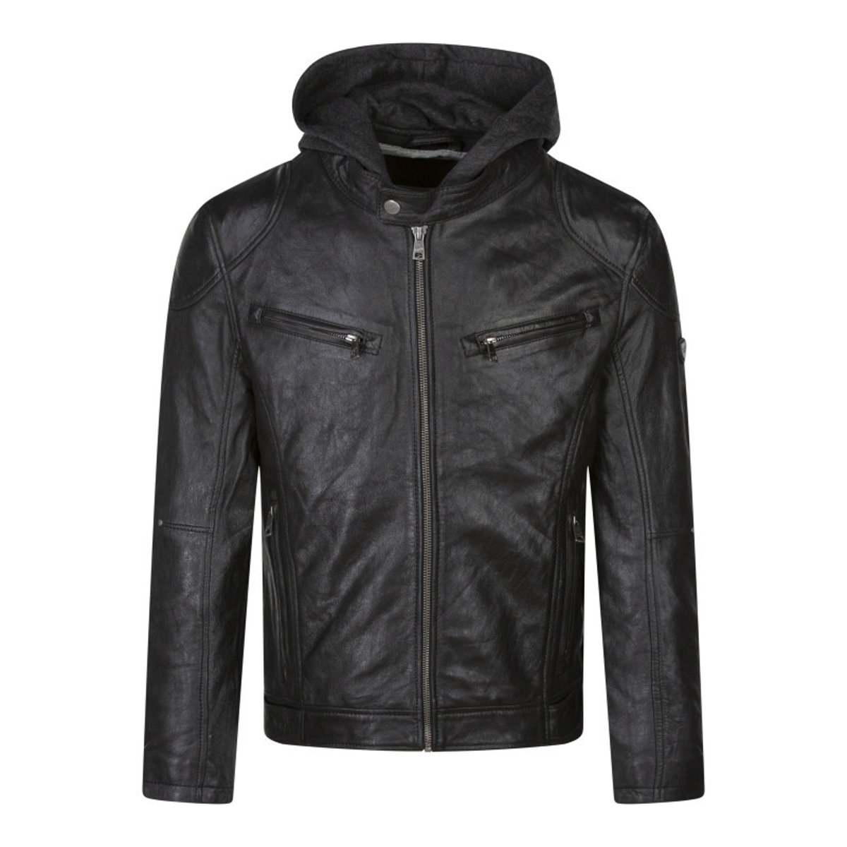 Blouson en cuir marron uni coupe ajustée col à capuche et fermeture zippée noir, GIPSY