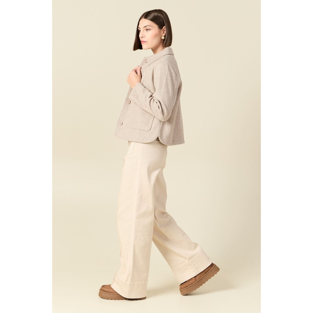 Cardigan droit court col classique creme, BONOBO