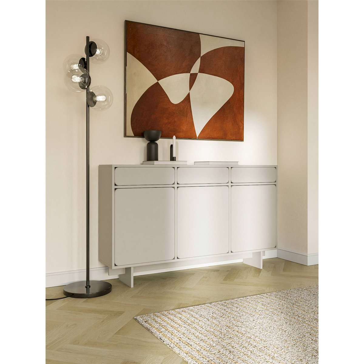 Buffet bas 3 portes 3 tiroirs collection WUWU gris beige sable, RECOLLECTION