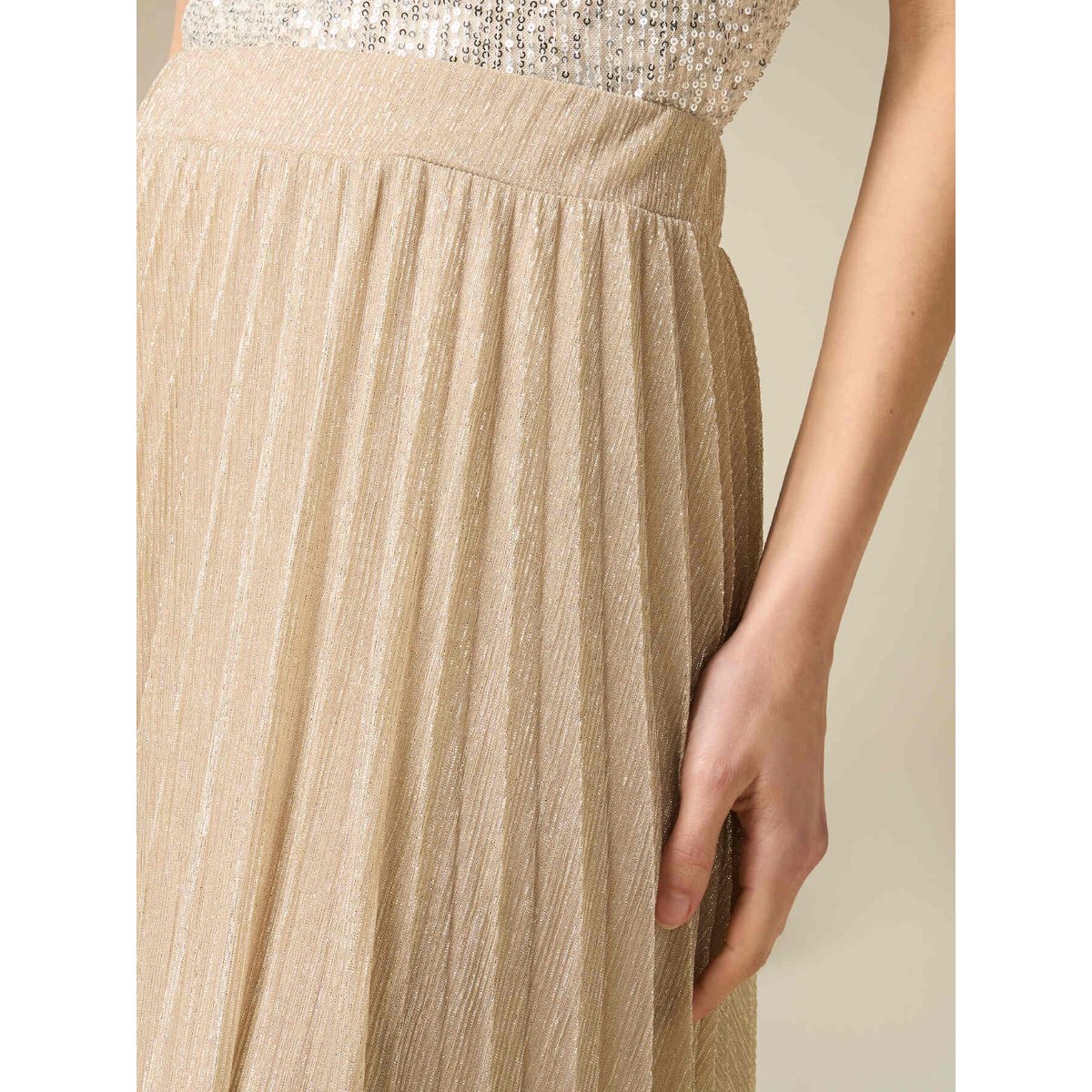 Jupe longue plissée en fil textile oro, OLTRE