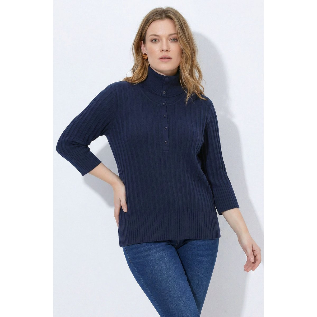 Pull col roulé en coton bio, manches 3/4 marine, ULLA POPKEN