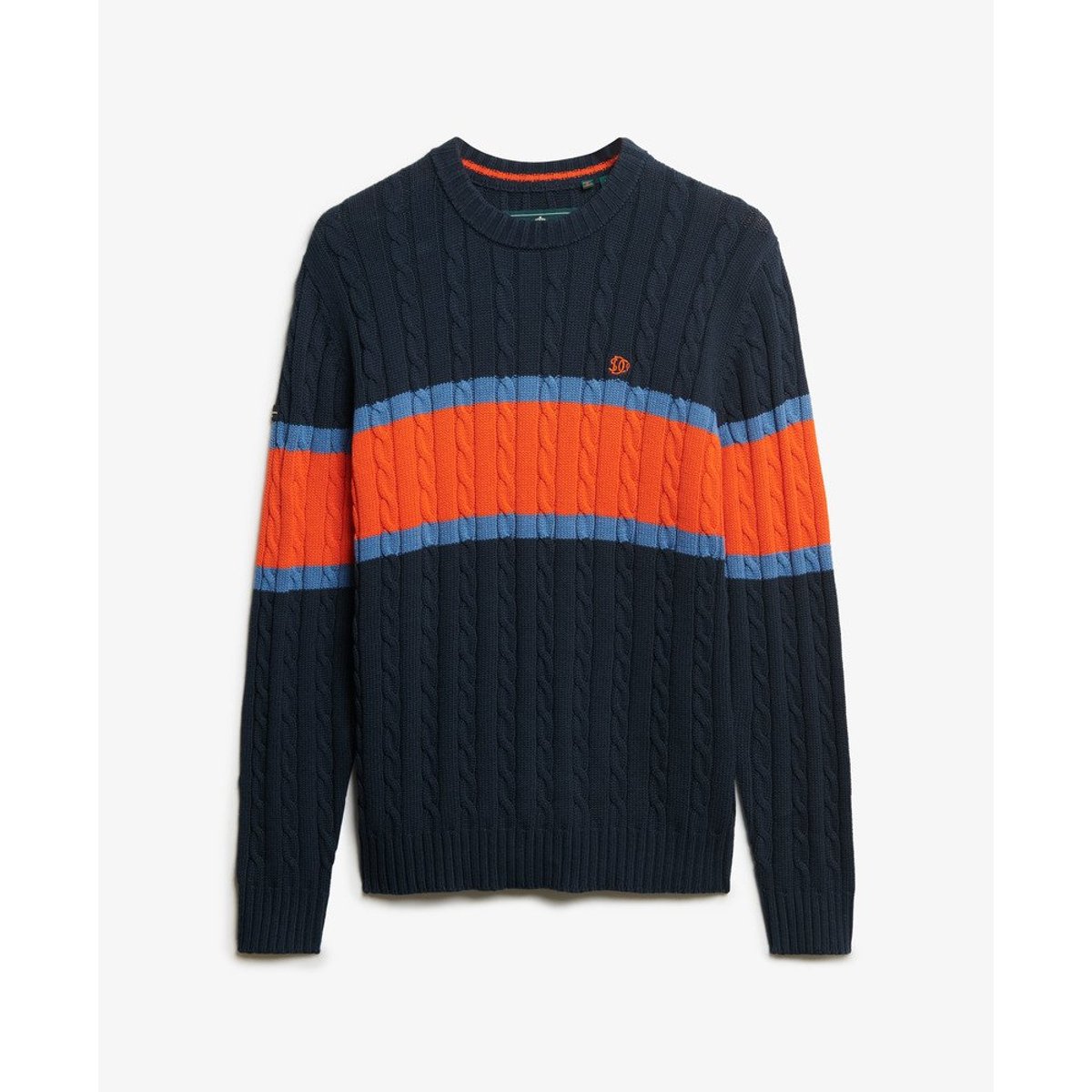 Pull en maille torsadée à rayures en coton bleu marine éclipse/orange vif, SUPERDRY