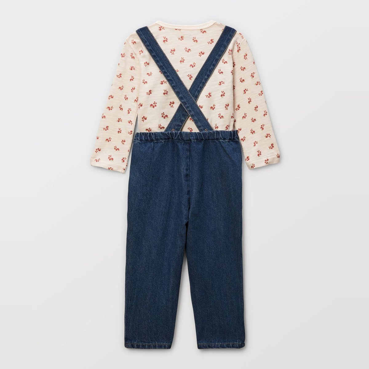 Ensemble t-shirt manches longues imprimé et salopette longue en denim stone denim, BOUT'CHOU