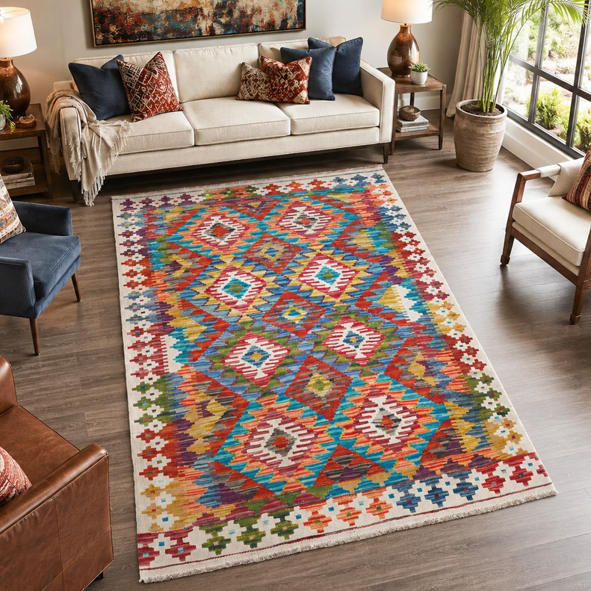 Tapis kilim à motif géométrique, tissé plat en laine, KILIM 27 multicolore, bleu, rouge, UN AMOUR DE TAPIS