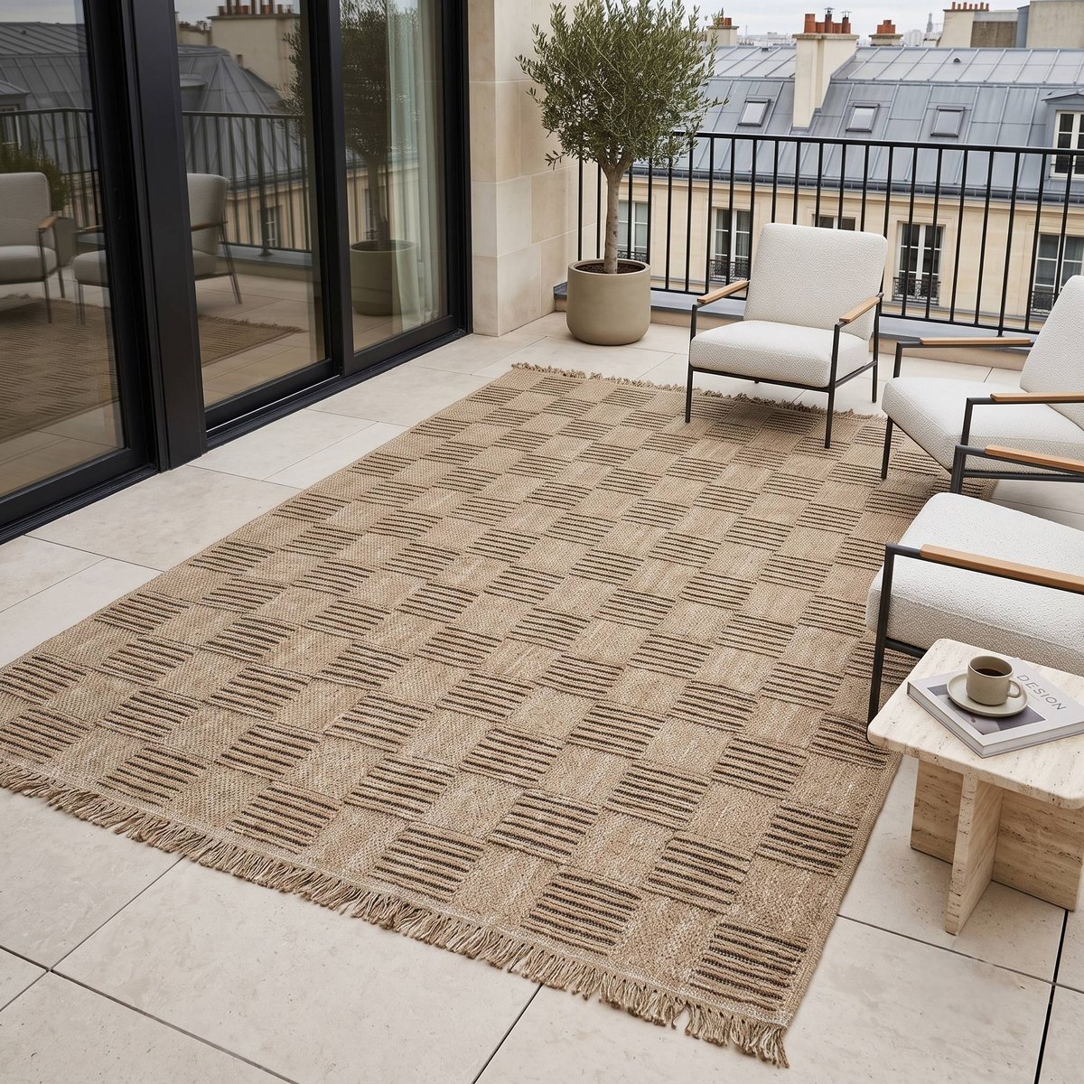 Tapis extérieur intérieur damier aspect jute JUTA DAMIER beige, THE DECO FACTORY