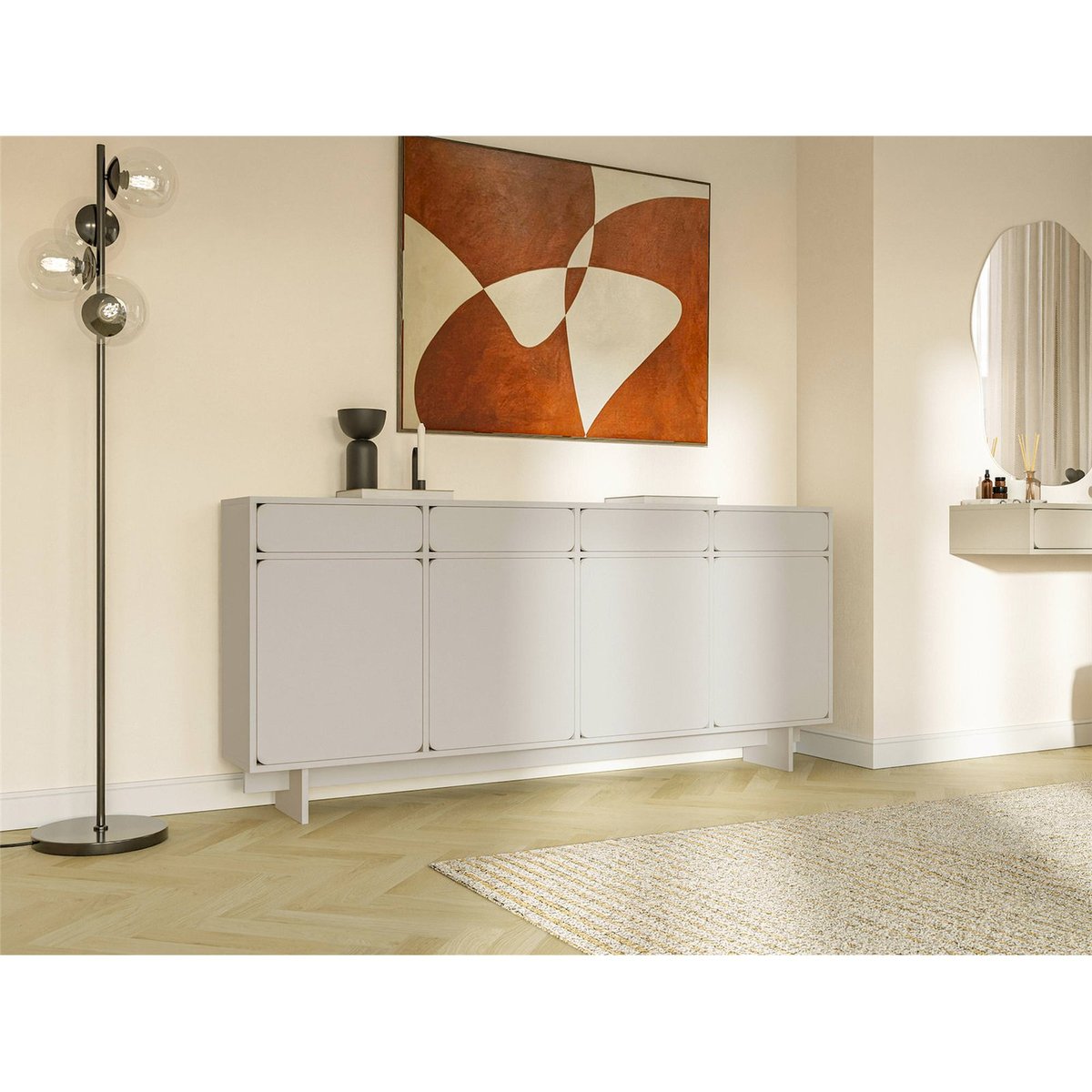 Buffet bas 4 portes 4 tiroirs collection WUWU gris beige, RECOLLECTION