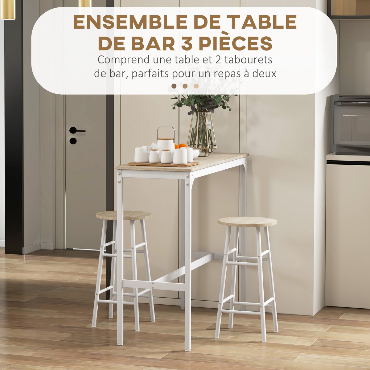 Ensemble de table de bar MDF Chêne chêne et blanc, HOMCOM