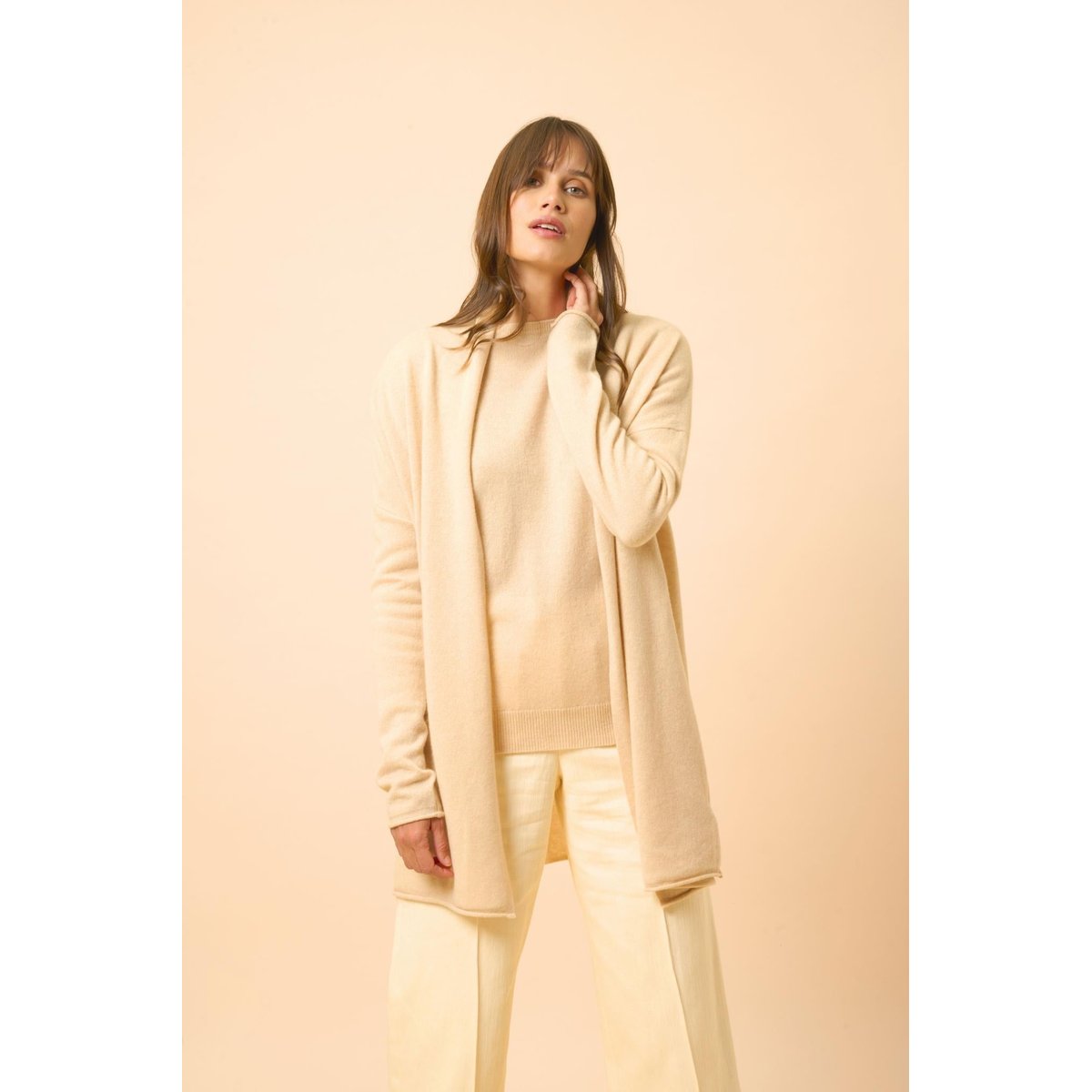 Gilet Long Ouvert Col Châle Sable Maddie beige, JUST CASHMERE