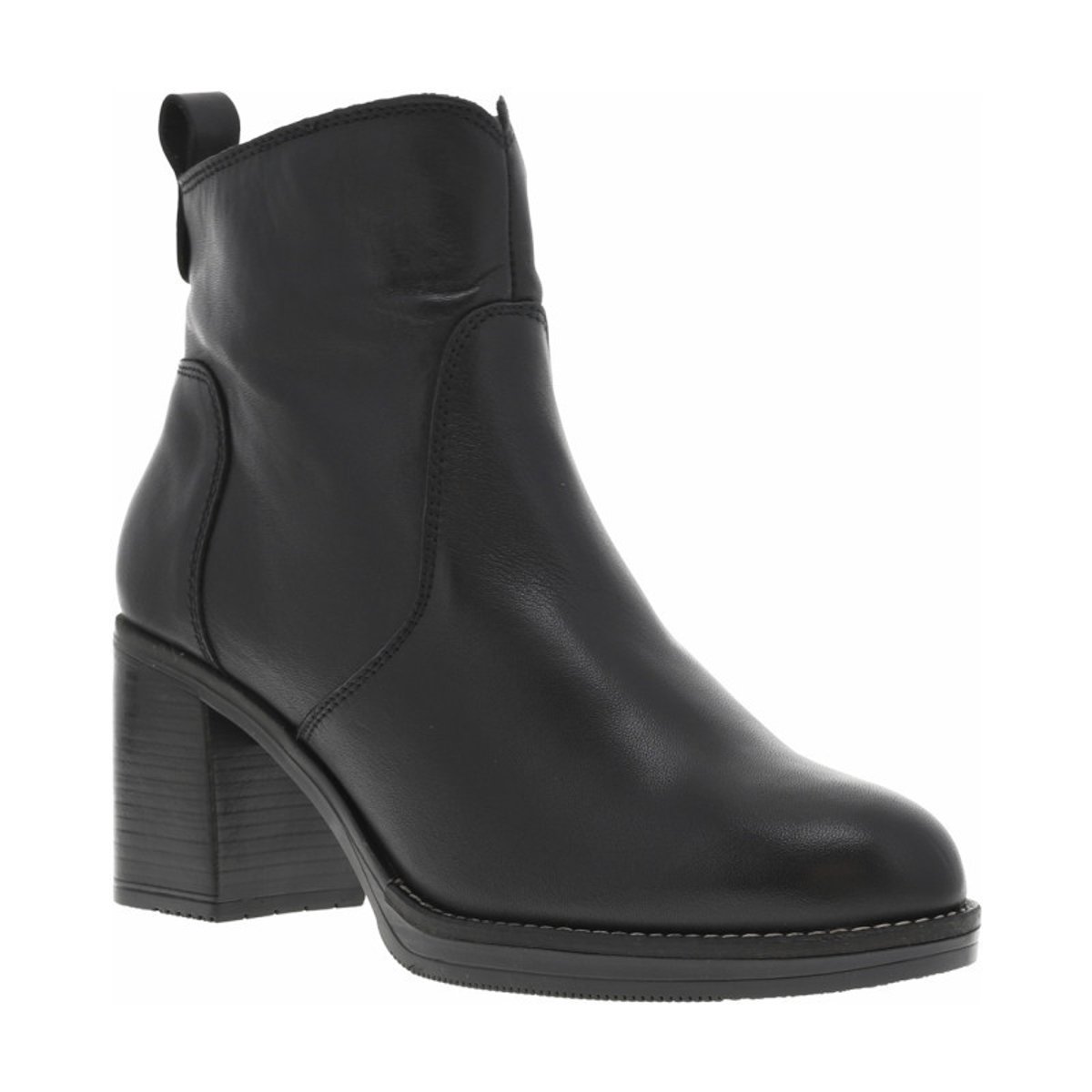 Boots en cuir noires à talon décroché moyen avec une trépointe cousue noires, PORRONET