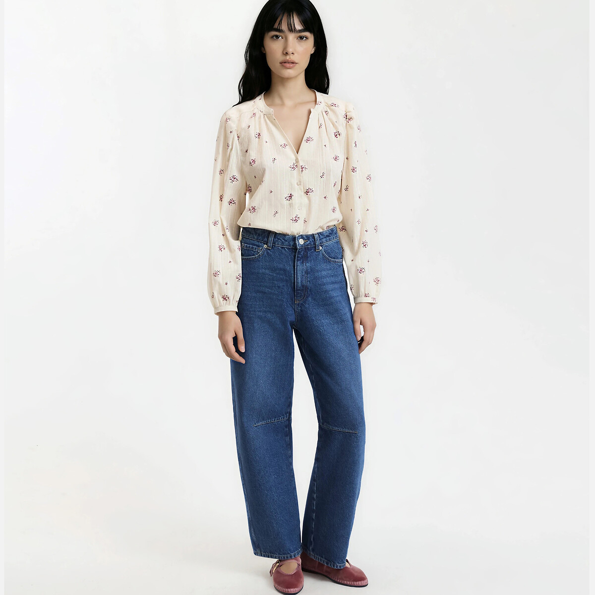 Blouse col V manches longues imprimé floral imprimé fleurs fond écru, LA REDOUTE COLLECTIONS