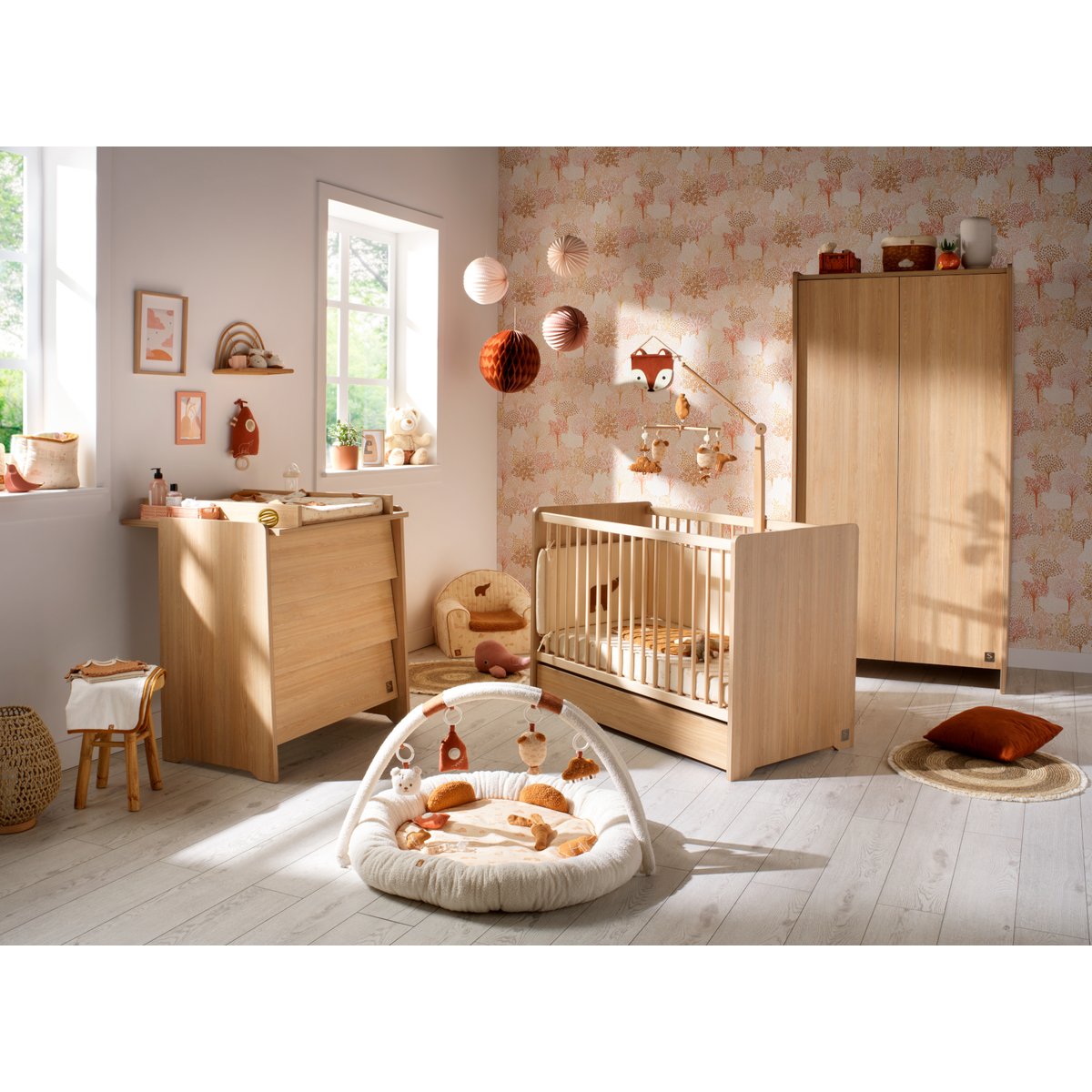 Lit avec têtes de lit arrondies en bois décor chêne miel marron, SAUTHON