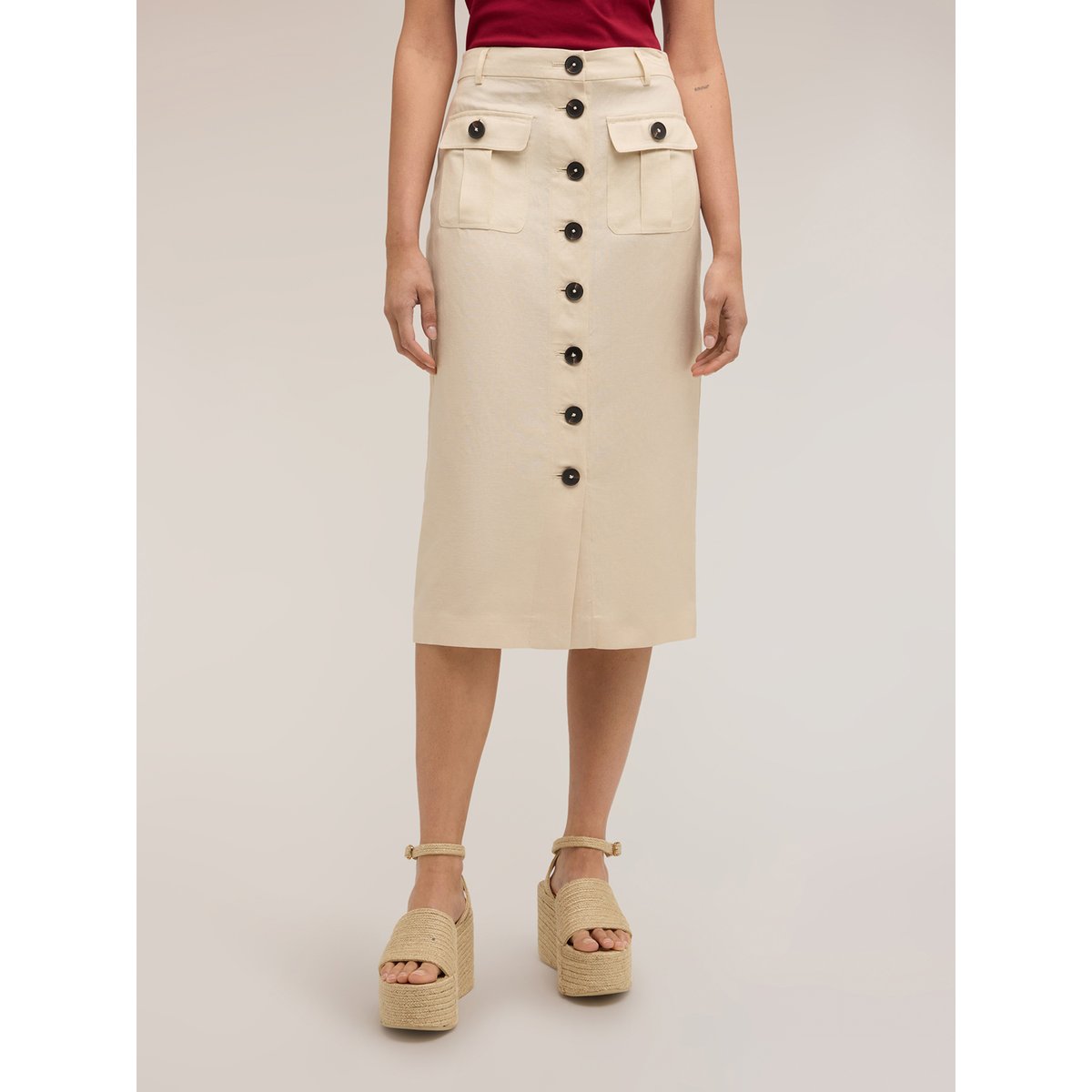 Jupe crayon mi-longue beige, MOTIVI