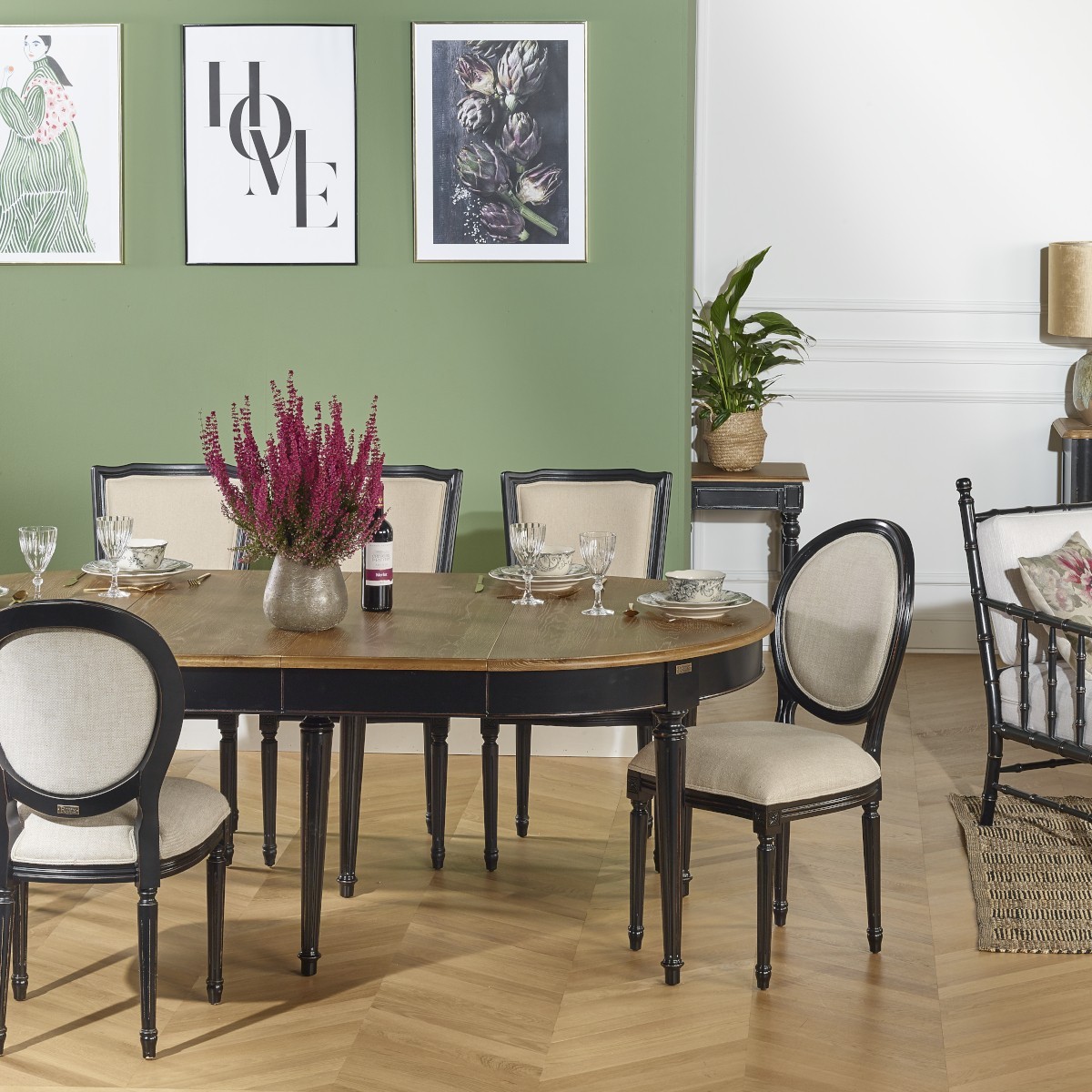 Lot de 2 chaises en bois couleur noire et lin MEDAILLON lin, ROBIN DES BOIS