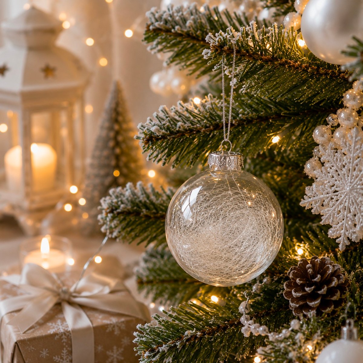 Boule de Noël transparente avec cheveux d'ange blanc, EDEN