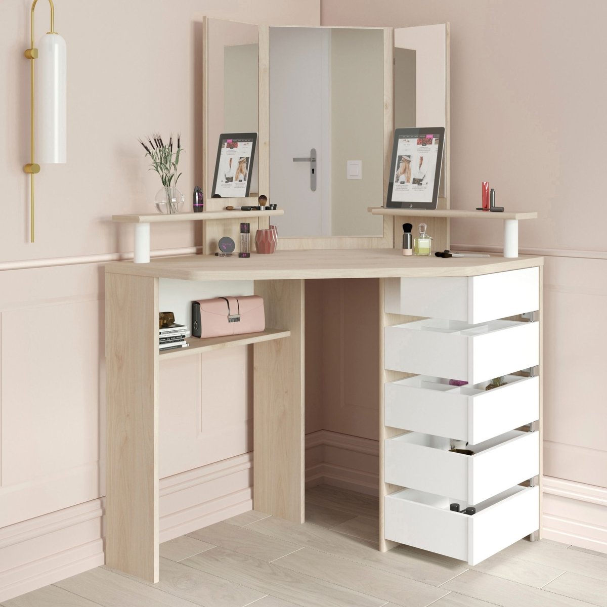 Coiffeuse d'angle avec miroirs et rangements bois naturel, TERRE DE NUIT