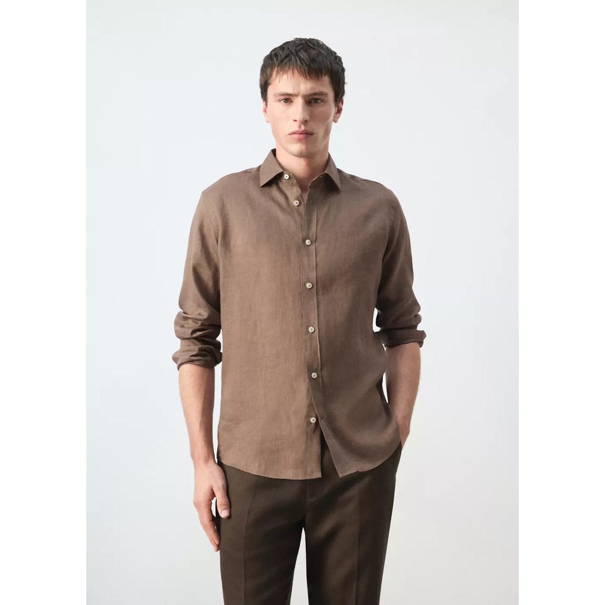 Chemise regular fit 100 % lin chocolat, MANGO MAN